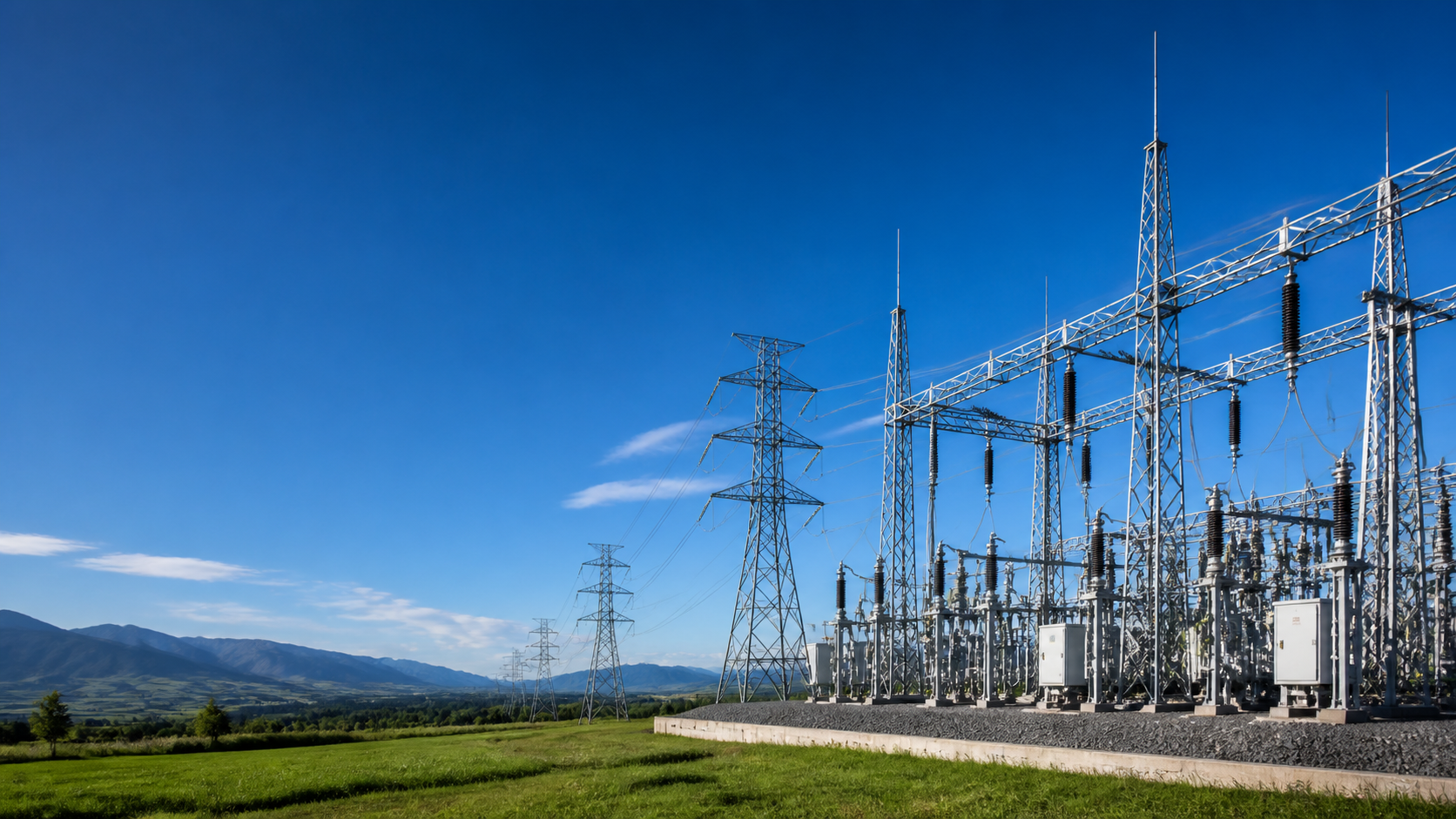 High-voltage substation and transmission infrastructure in a bright landscape